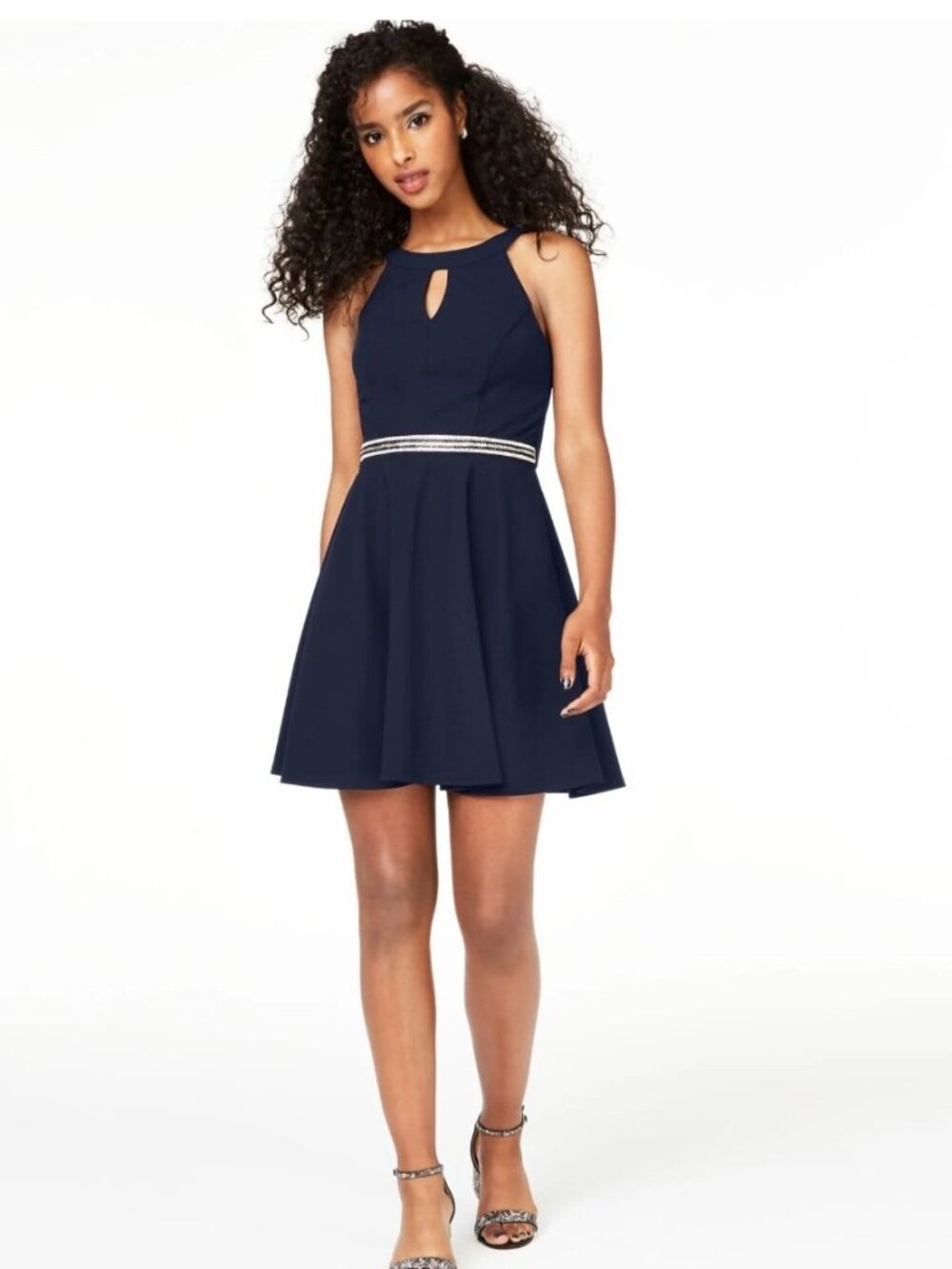 Emerald Sundae Navy Halter Fit & Flare Embellished Mini Dress